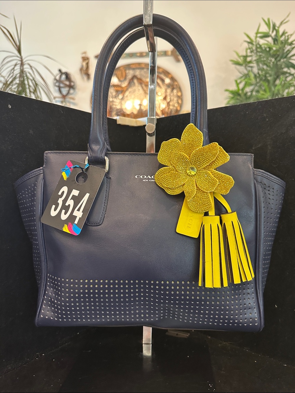 Coach#348 Legacy Candance Perforated Navy Leather Satchel with Yellow Tassel
